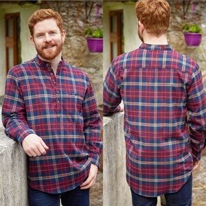 NWOT Lee Valley Ireland Irish Flannel Grandfather Shirt Maroon and Navy Check